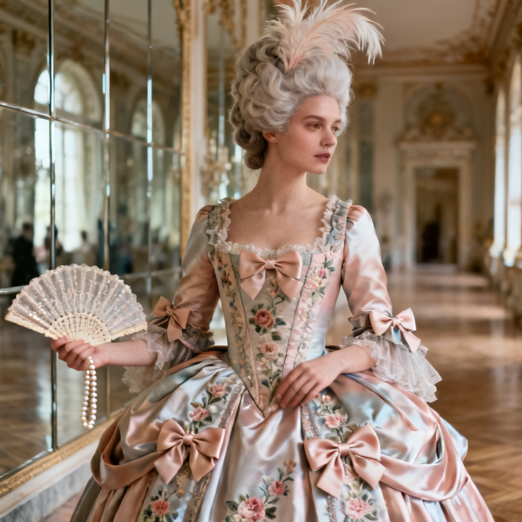 AI rococo noblewoman attire with pastel court dress