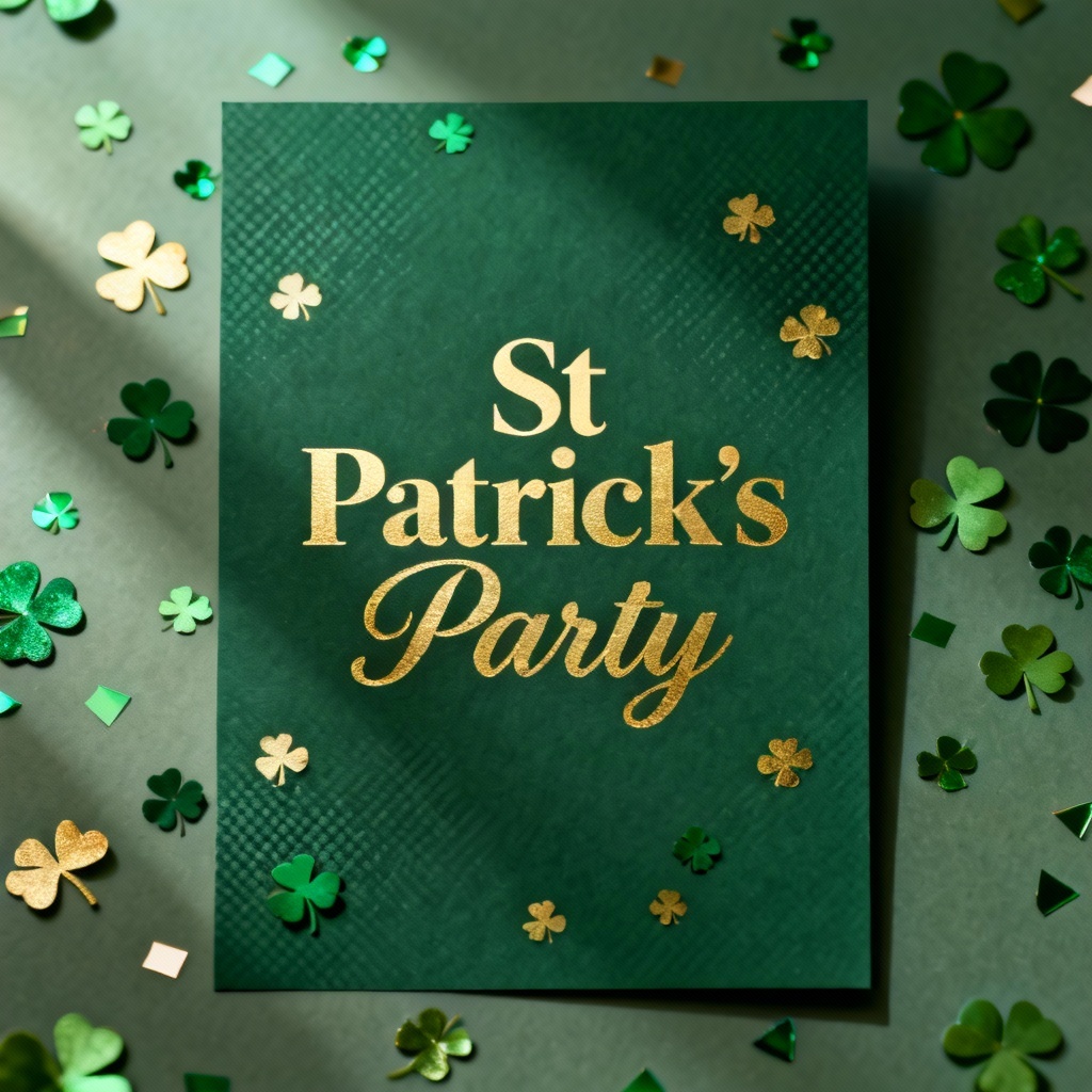 AI St Patrick's Day invitation with gold foil shamrock theme