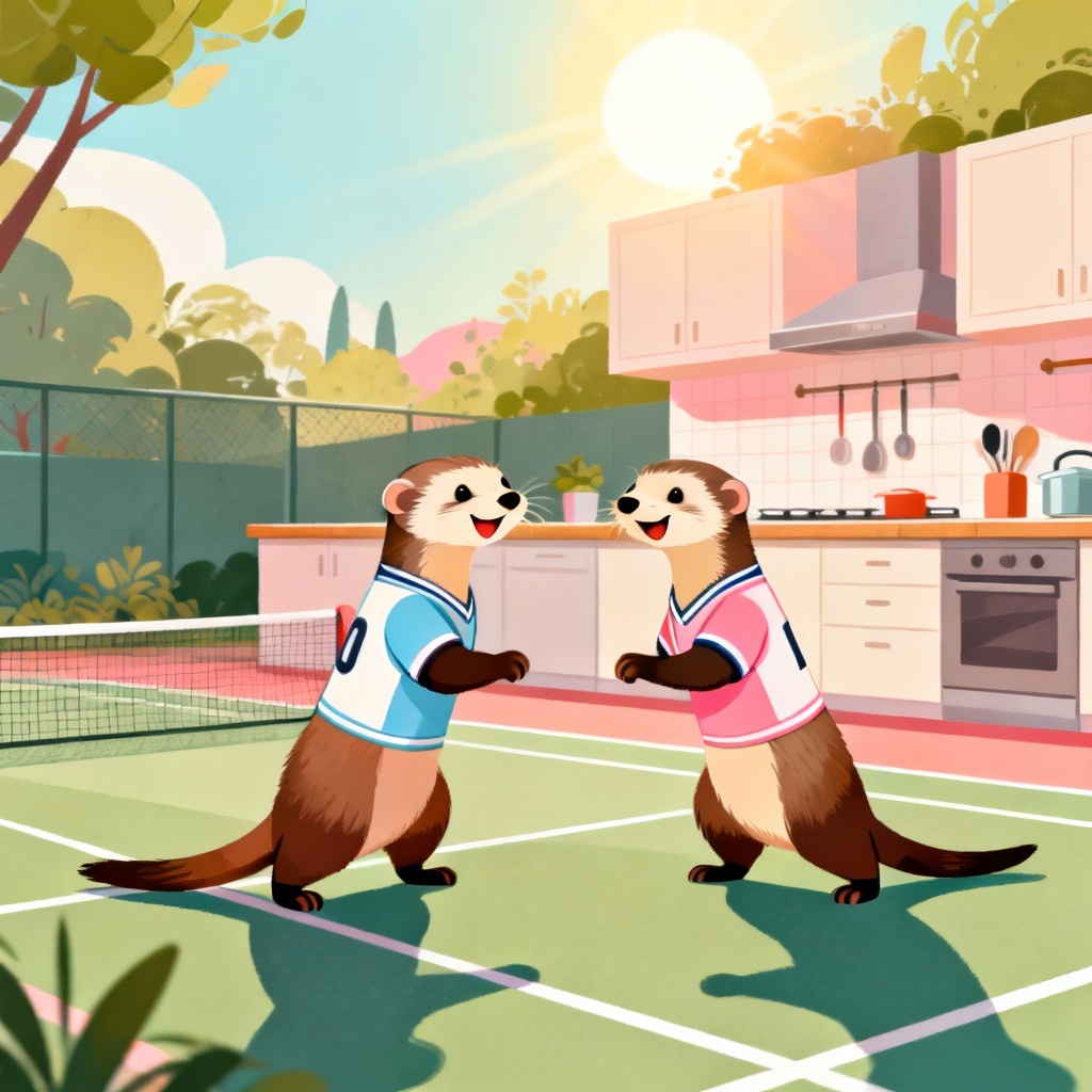 Two ferrets as doubles partners on a pickleball court