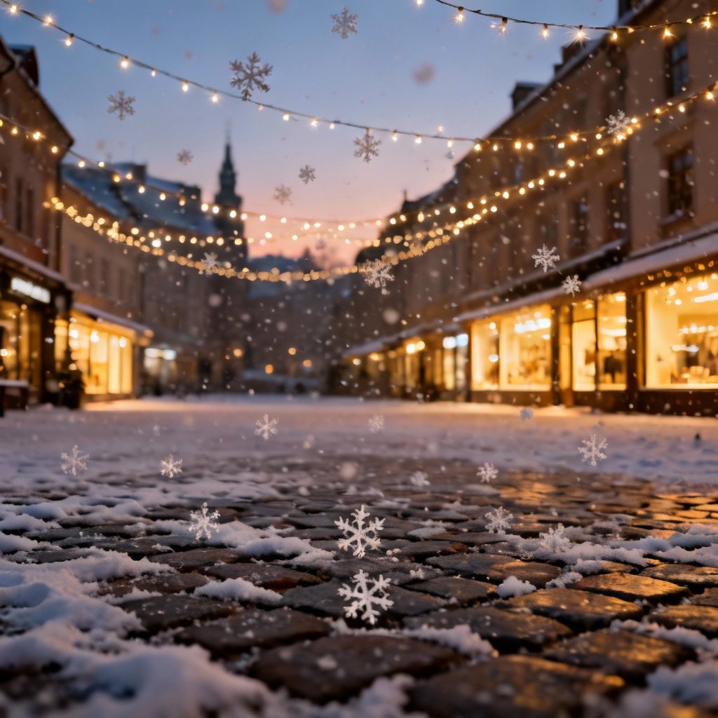 Cozy winter town square background with snowfall and warm lights