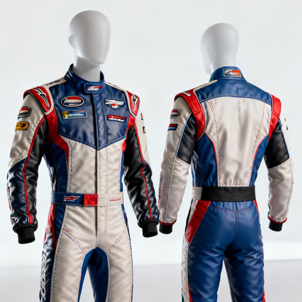 AI race suit mockup front and back with sponsor patches