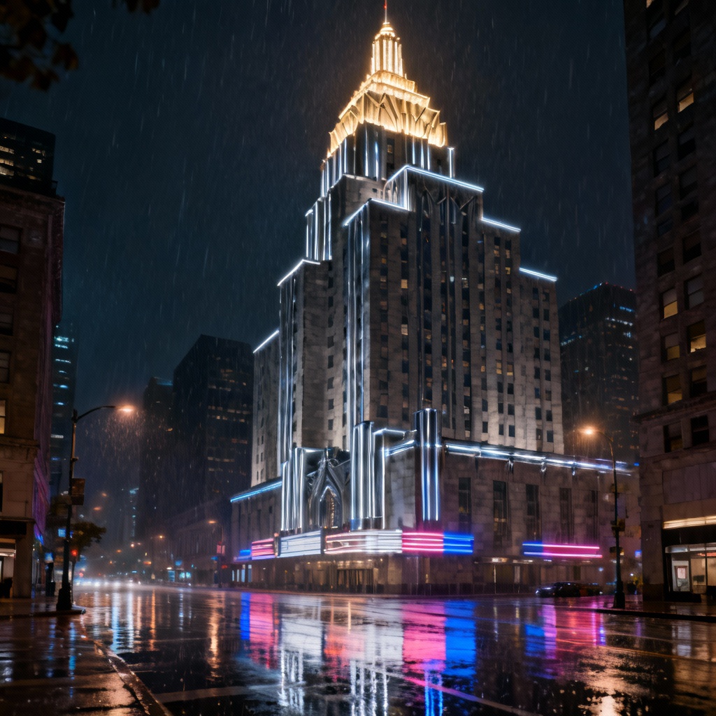 AI Art Deco skyscraper at night with neon and geometric motifs