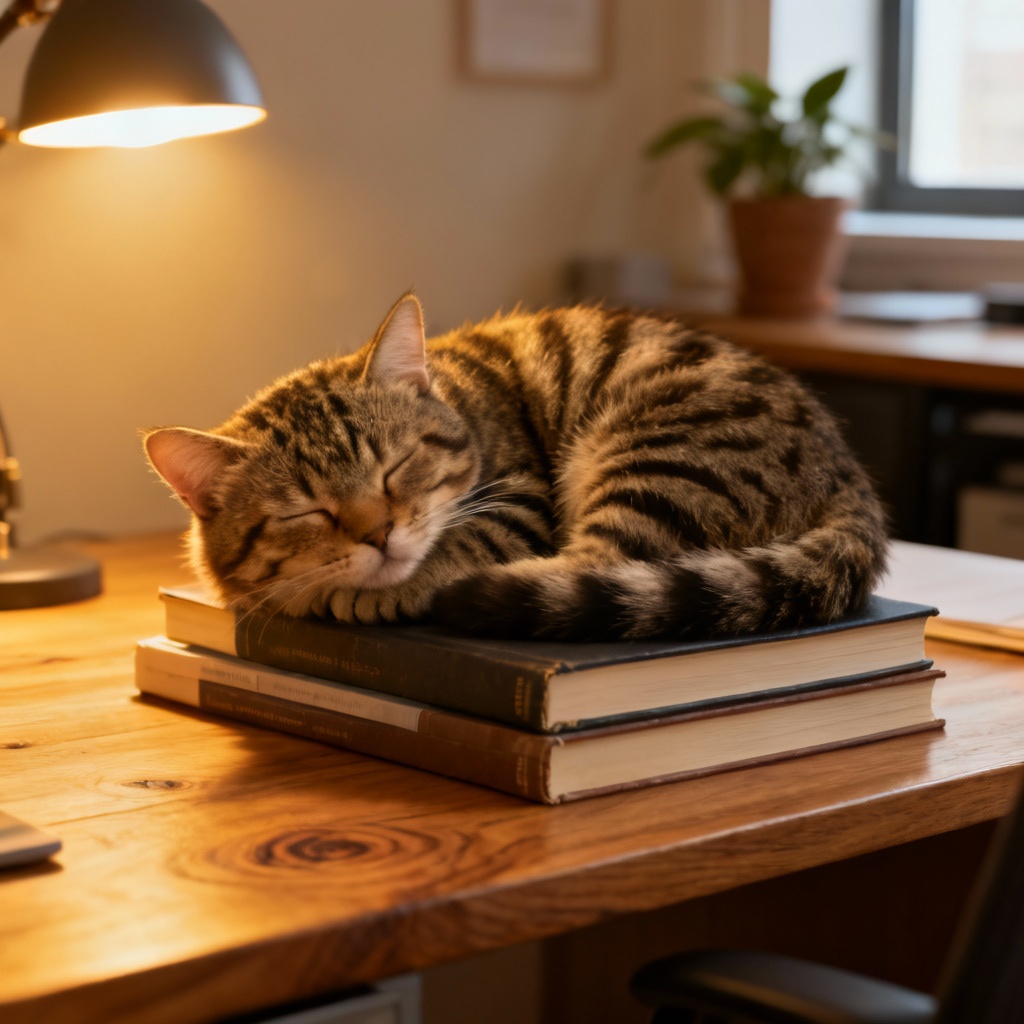 AI Sleeping Cat Cozy Bookshelf