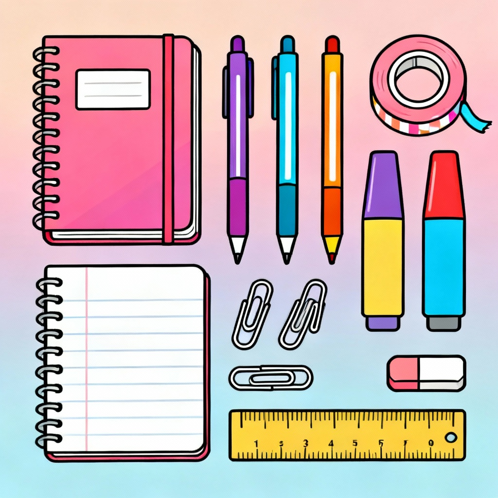 Colorful vector illustration of fun stationery and desk accessories