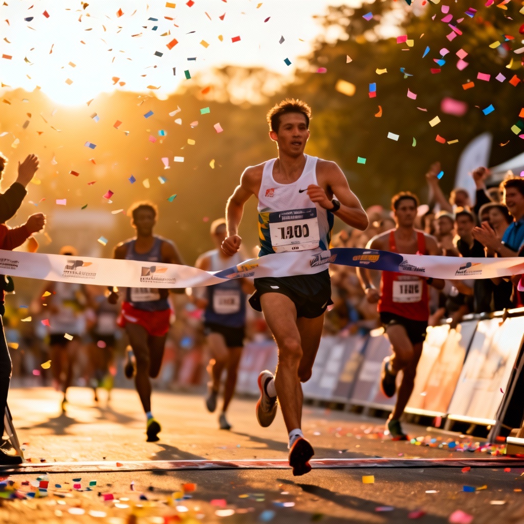 AI marathon finish line at sunset with confetti