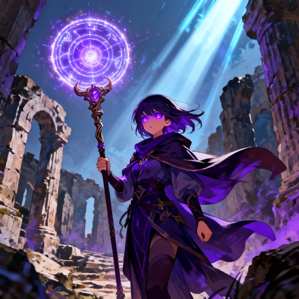 AI waifu mage with glowing spell circle in ruins