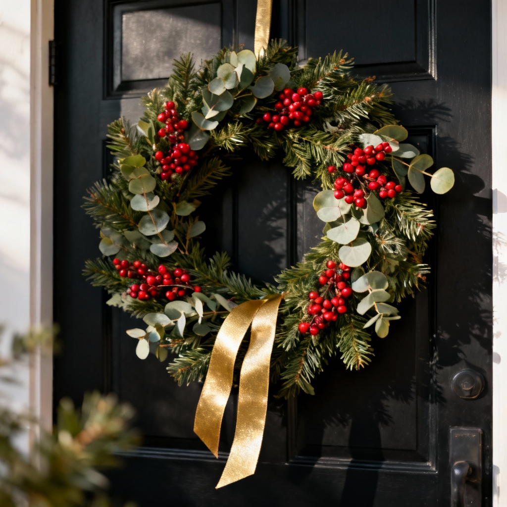 AI Christmas wreath with pine, eucalyptus, gold ribbon and red berries