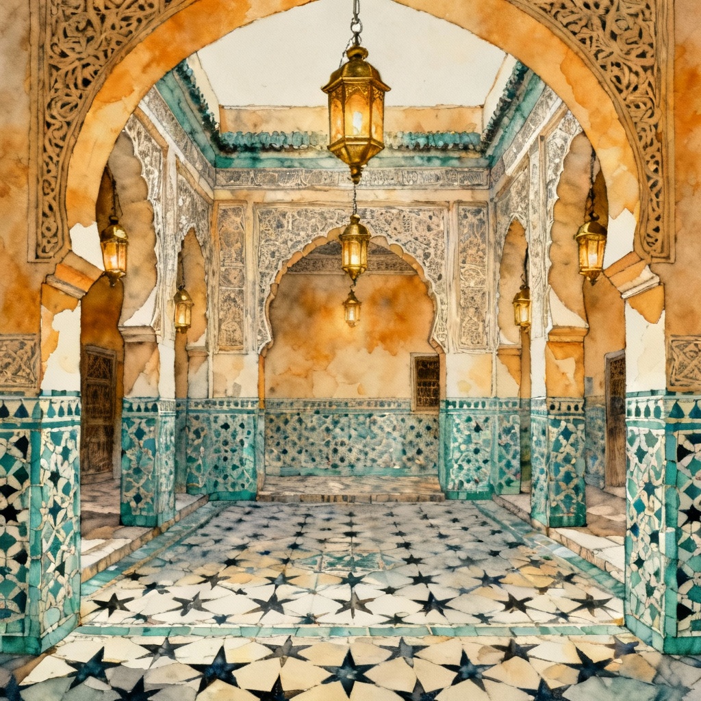 AI cultural illustration of a courtyard with zellige tiles