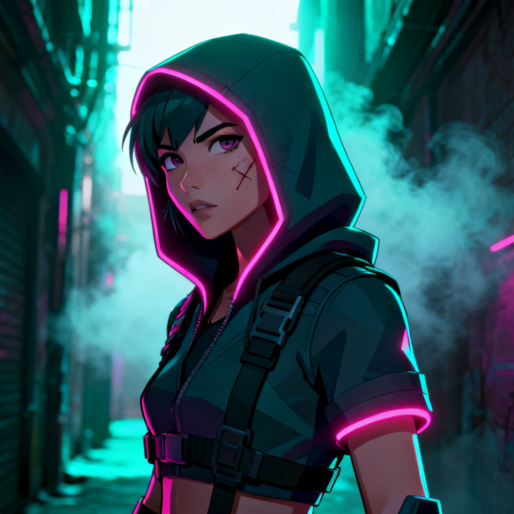 AI game character cyberpunk rogue portrait with neon lighting