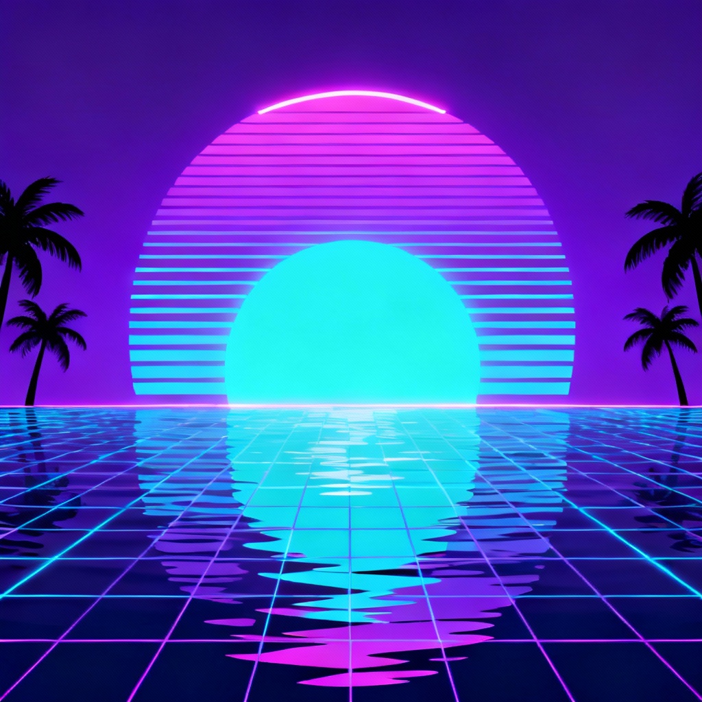 AI vaporwave neon aesthetic wallpaper with retro sun and palms