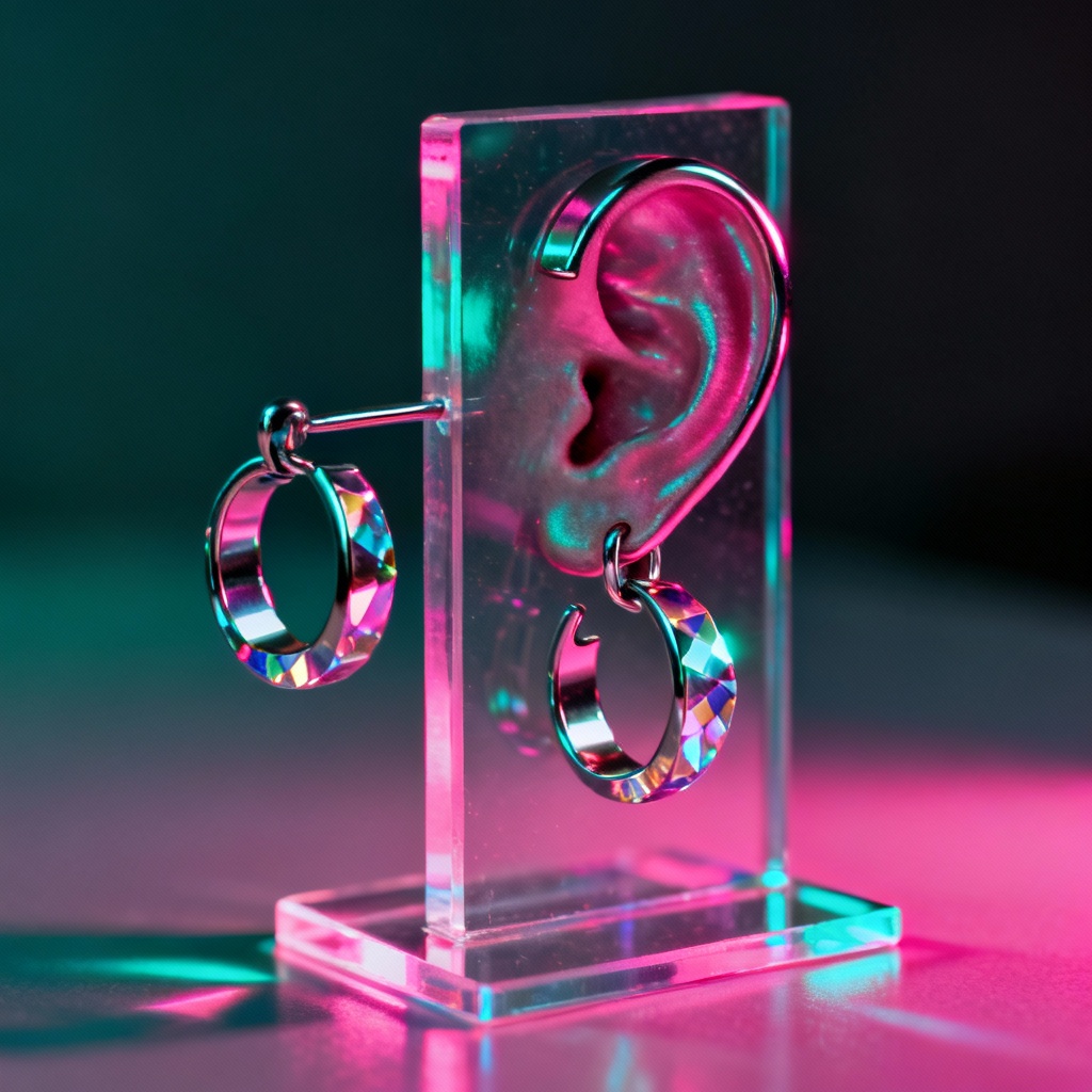 AI cyberpunk titanium ear cuff set glowing in neon