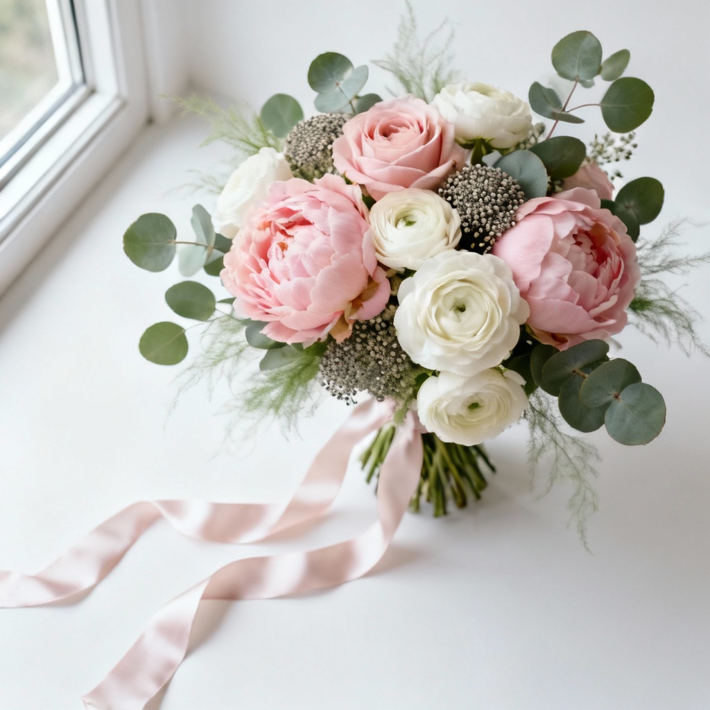 AI floral arrangement of blush peonies and garden roses with eucalyptus