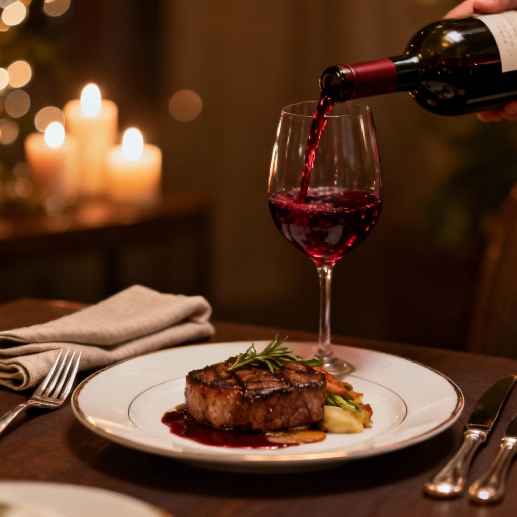 AI sommelier-style wine pour next to plated main course