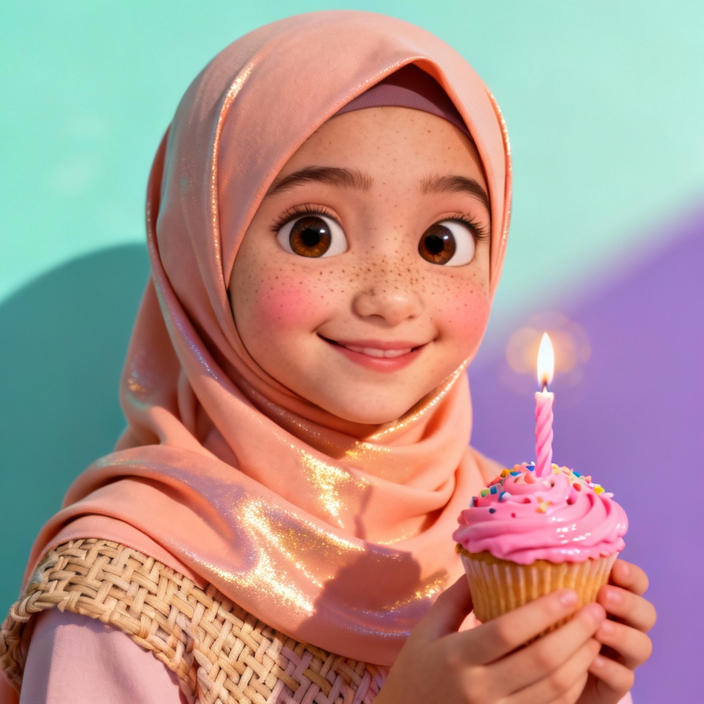 AI Cute Hijab Birthday Cupcake Portrait