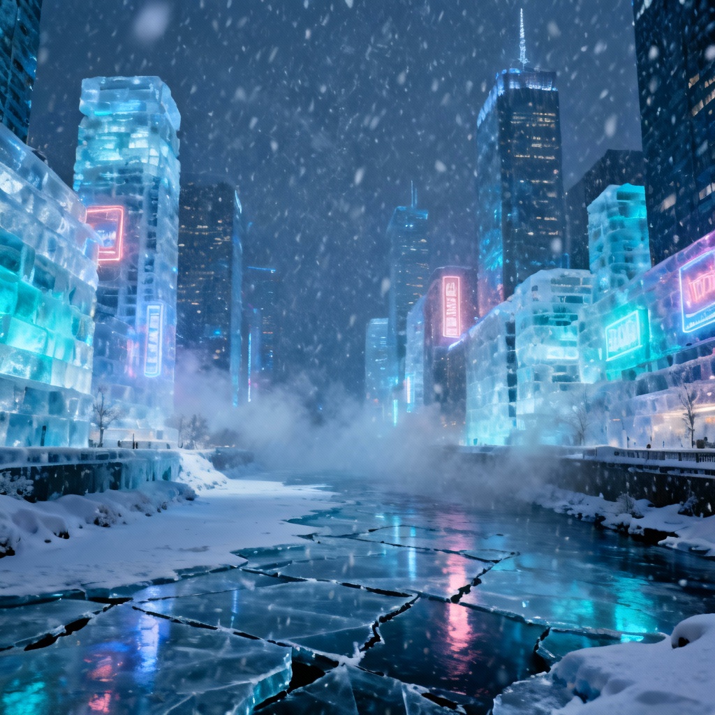 AI frozen cityscape with neon skyline and icy skyscrapers at blue hour