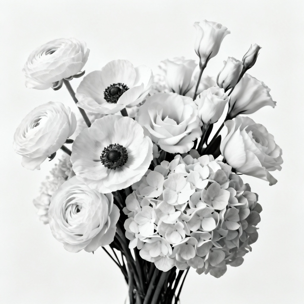 AI monochrome white bouquet with texture