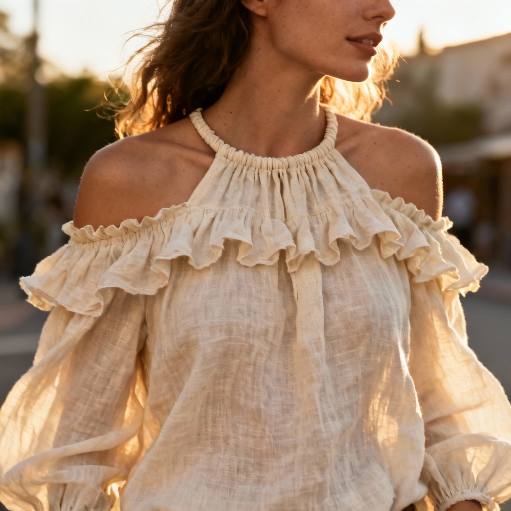 AI boho off-the-shoulder ruffle blouse at sunset