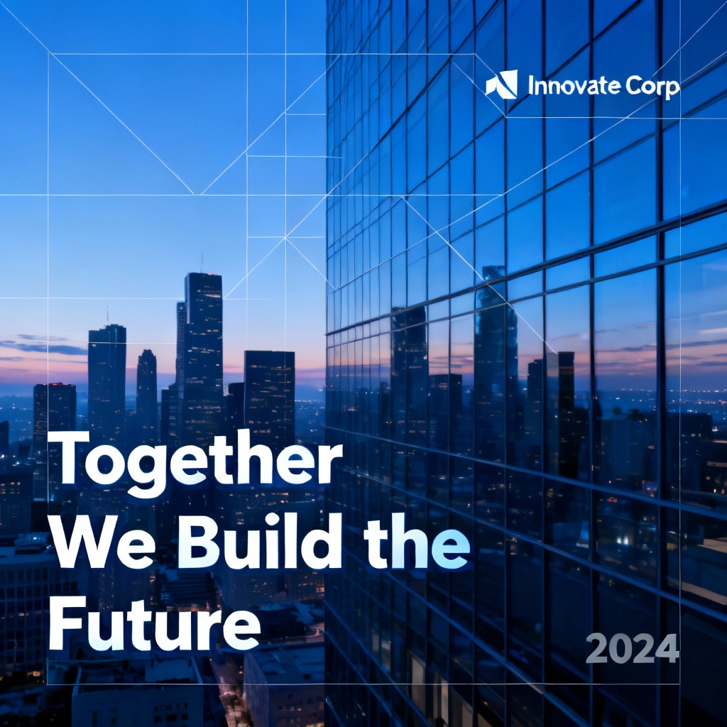 AI corporate motivational poster with city skyline and teamwork quote