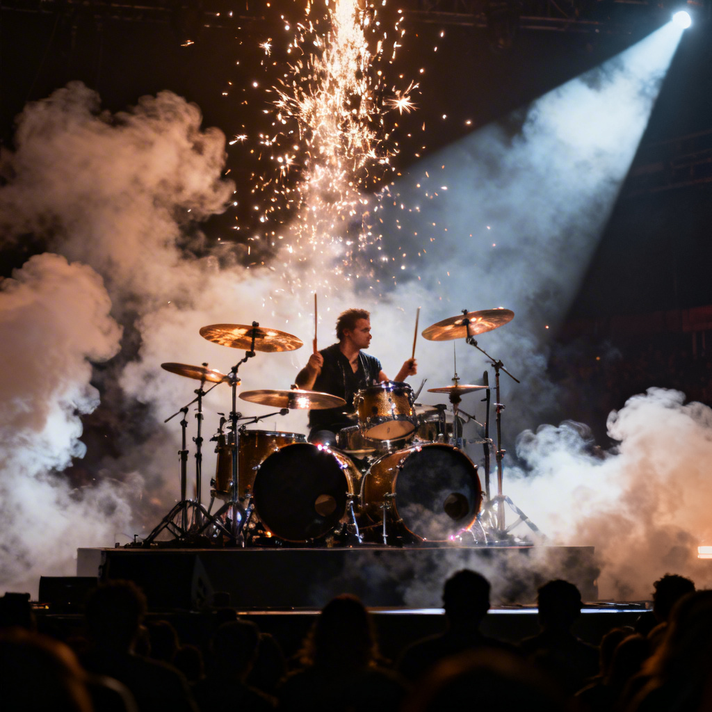 AI rock stadium drummer with double kick