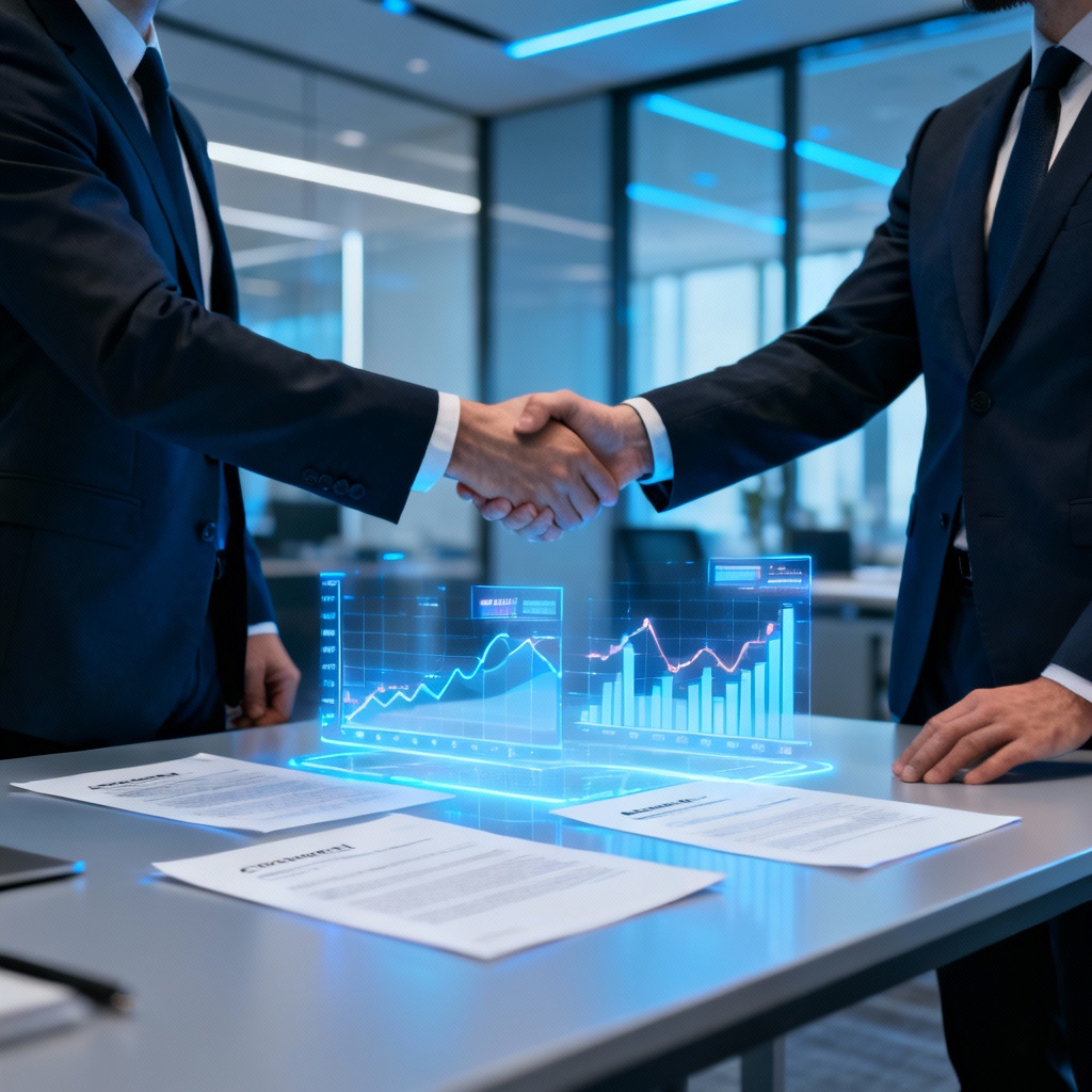 AI fintech handshake with data overlays
