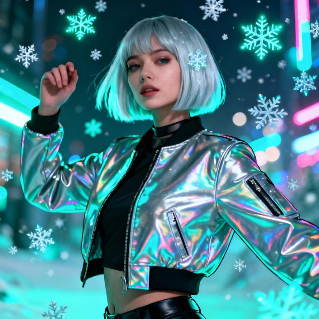 AI cyber ice girl idol with neon cyan glow