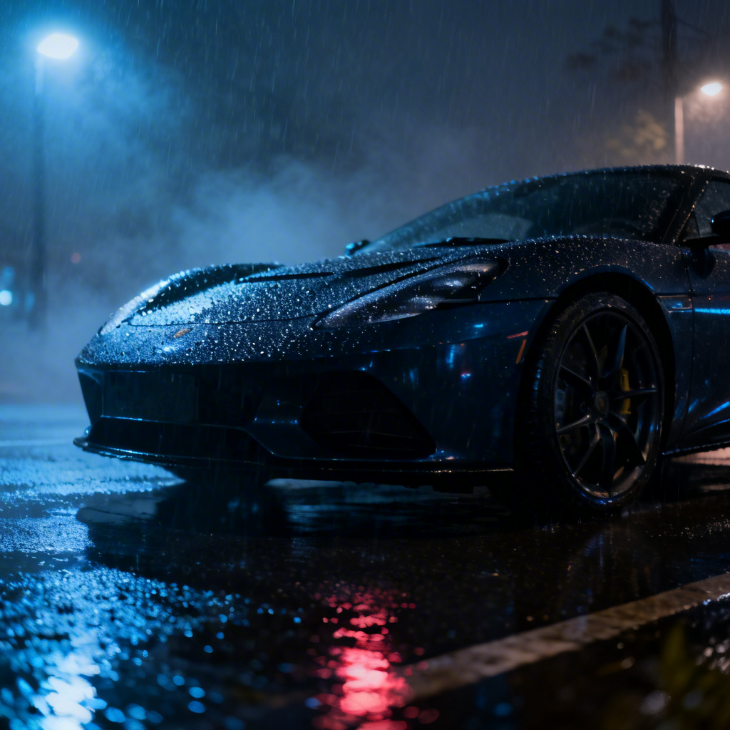 Sports car on wet asphalt with neon reflections