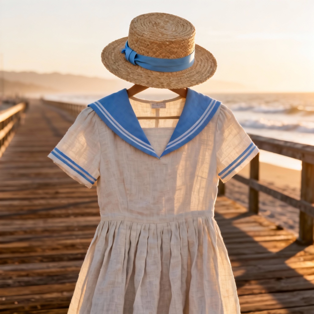 AI summer sailor dress with light linen and straw hat