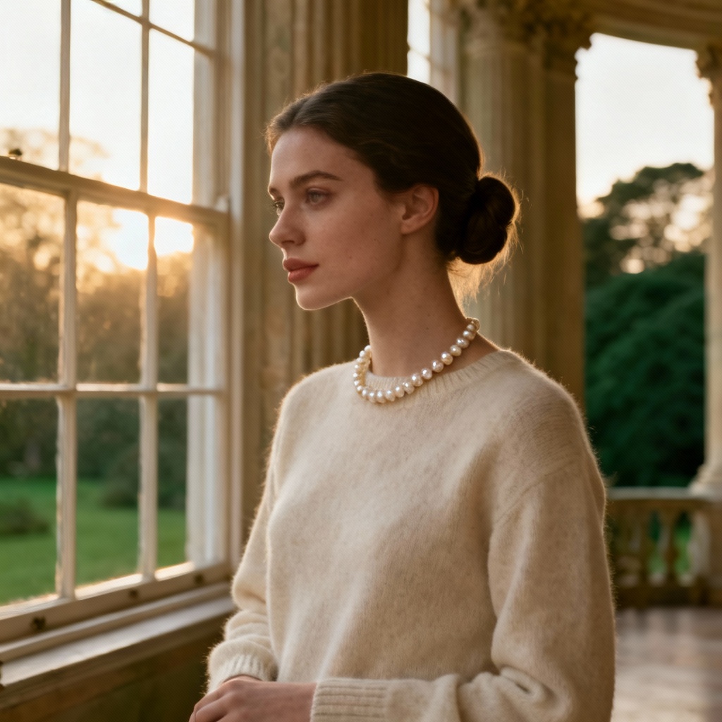 AI old money aesthetic portrait with pearls and manor backdrop