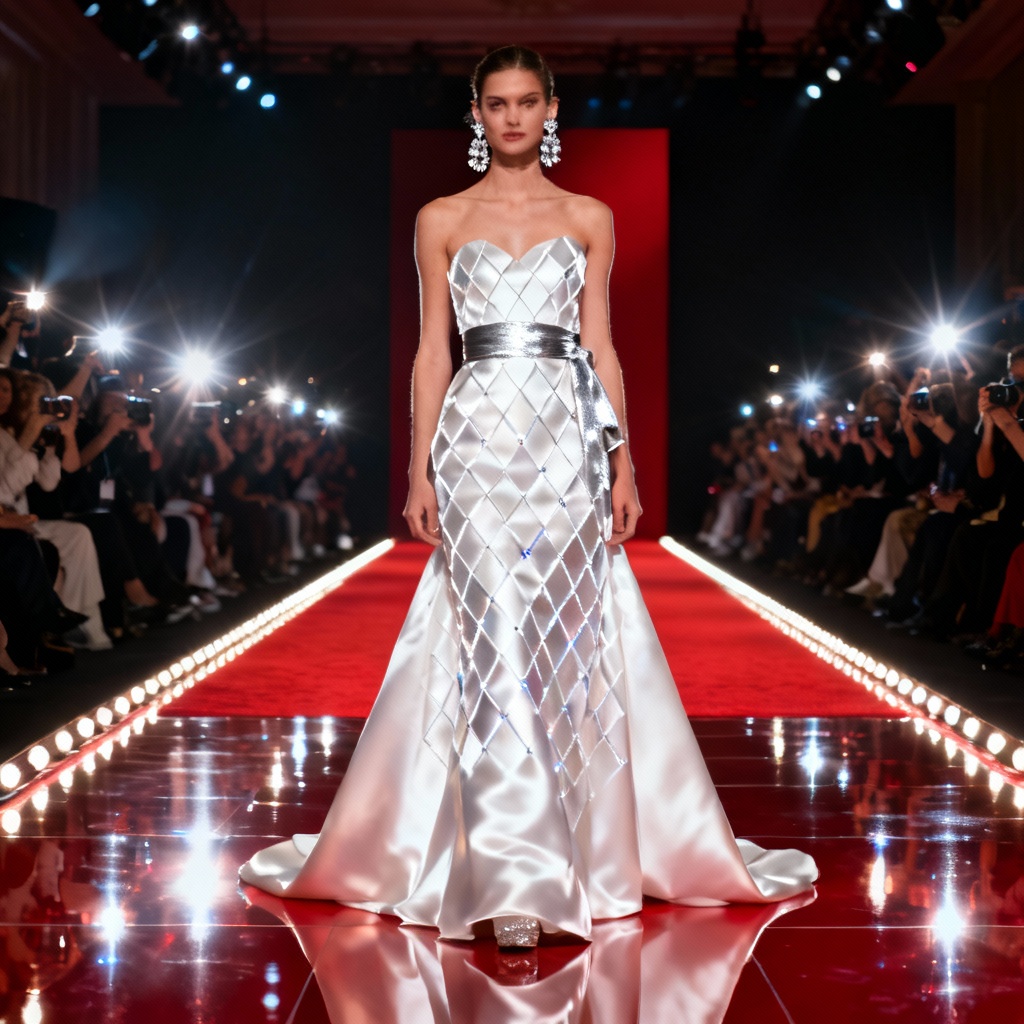 AI runway red carpet finale pose with sash