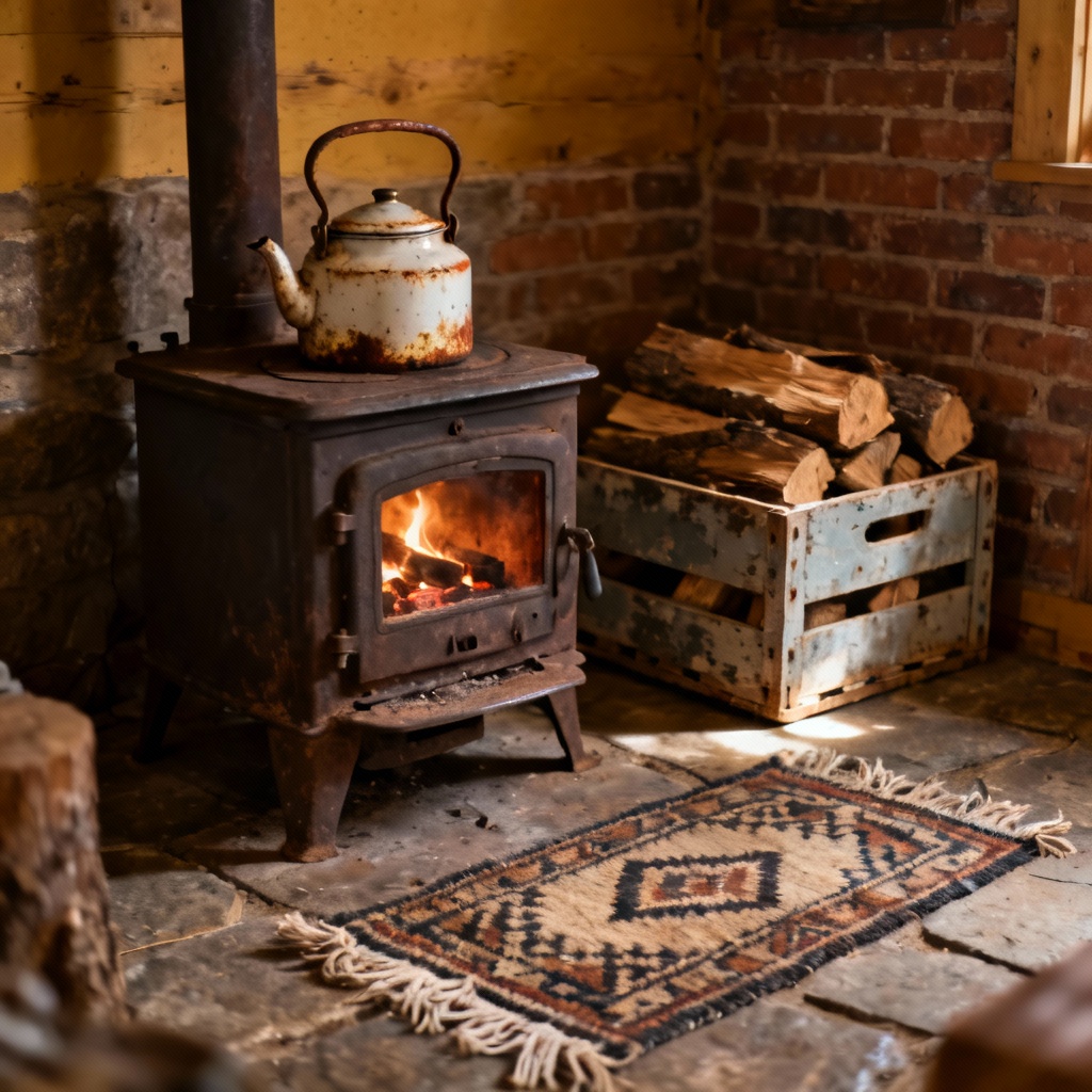 Vintage lodge wood-burning stove with soft glow