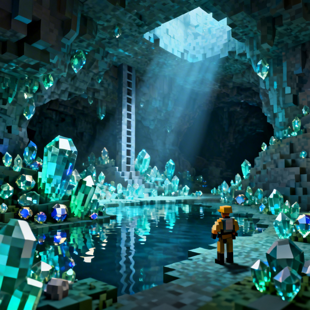 AI Minecraft poster of a crystal cave in voxel style