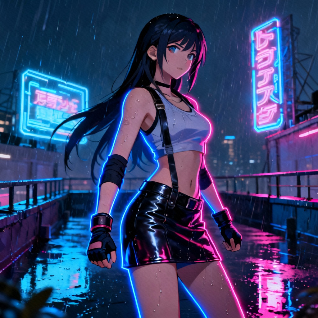 AI Tifa-inspired neon cyberpunk city scene