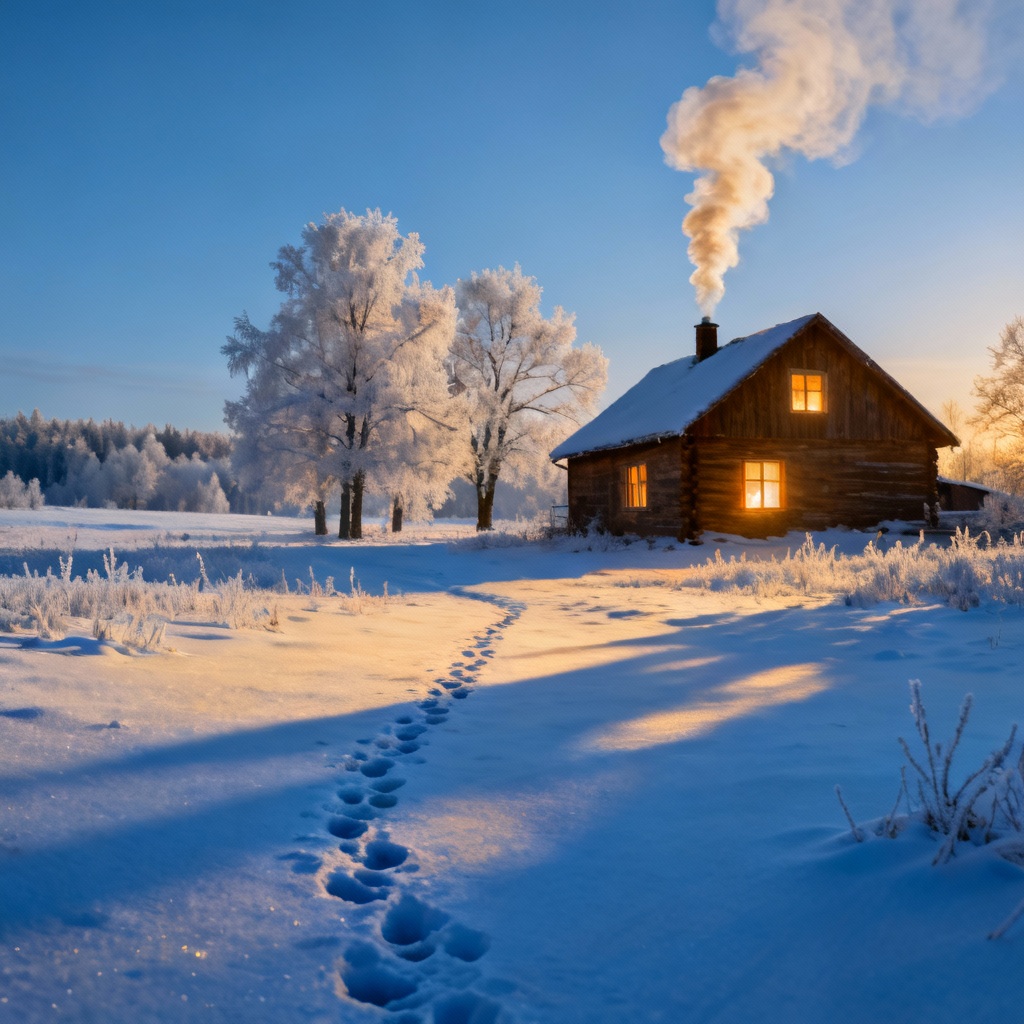AI winter farmstead with snow, smoke, and warm windows