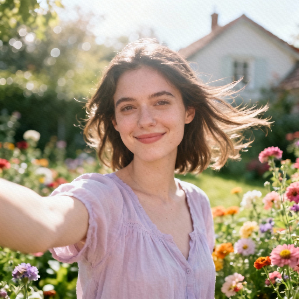 AI cottage garden selfie with airy sunlight and floral background