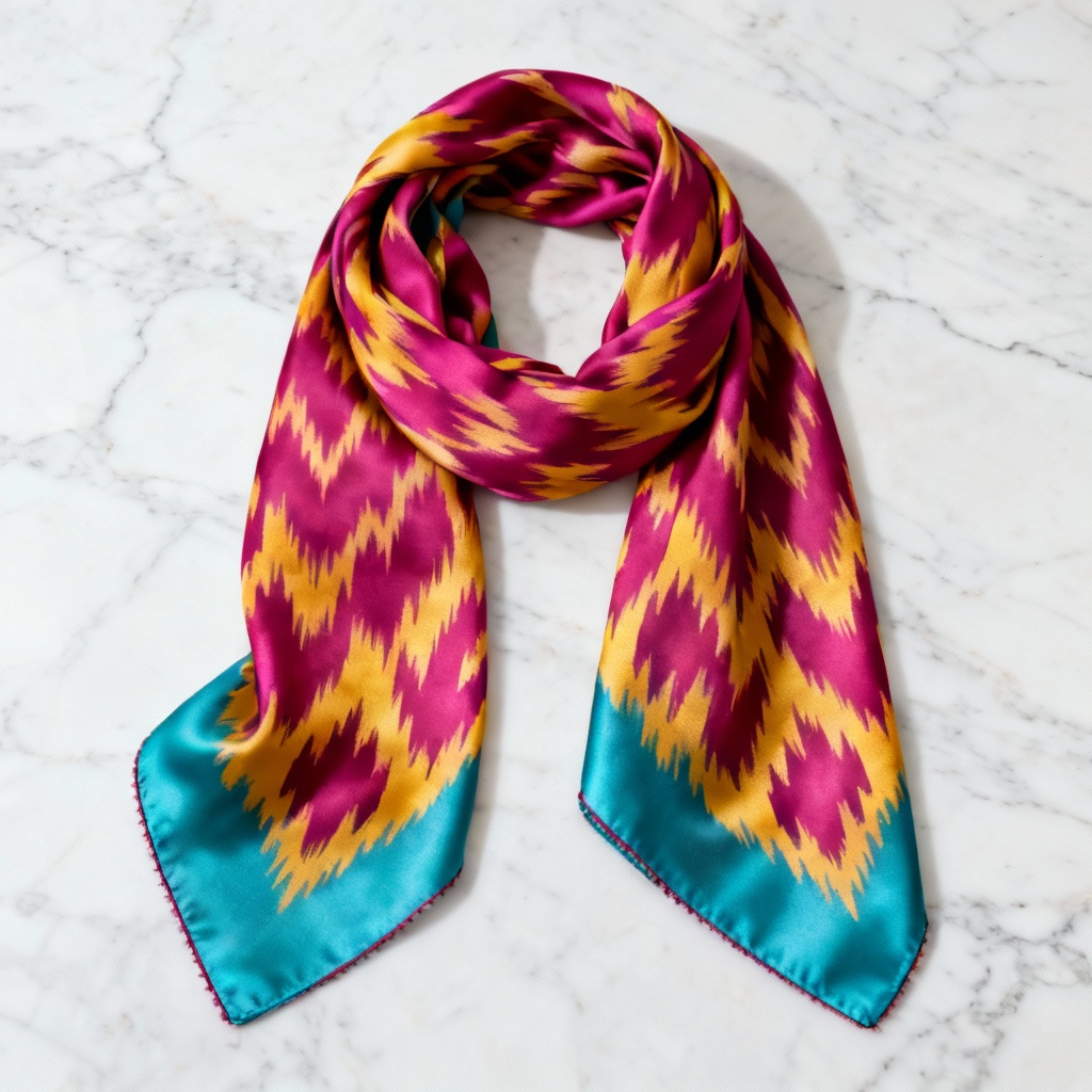 Close-up of vibrant ikat silk stole on marble surface
