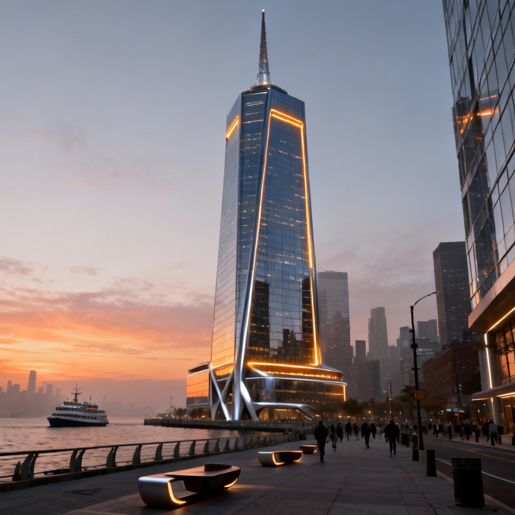 Photorealistic neo-futurist glass skyscraper at sunset overlooking a modern city skyline