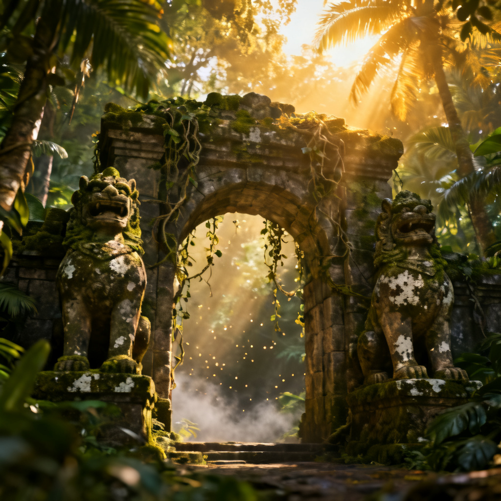 AI jungle temple stone gateway with guardian statues