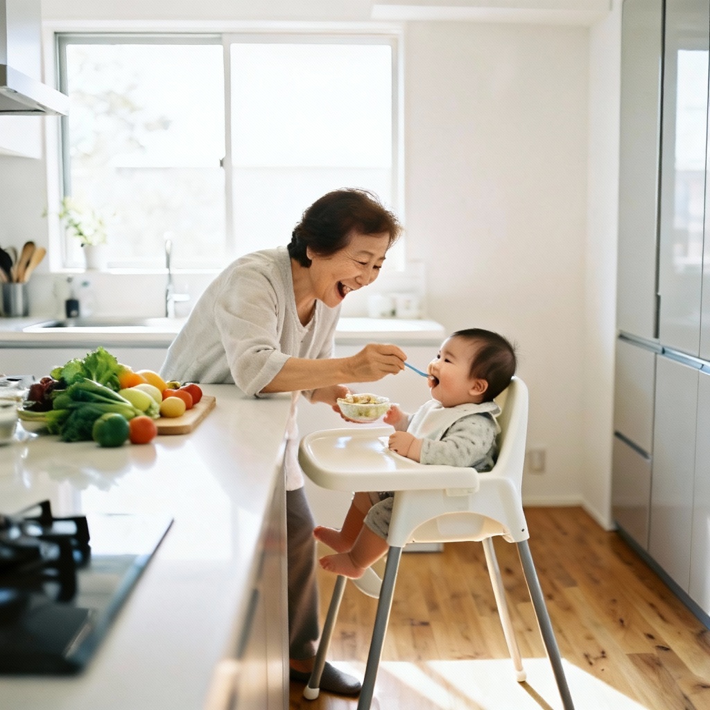 Lifestyle photo of grandmother feeding a baby in a bright kitchen