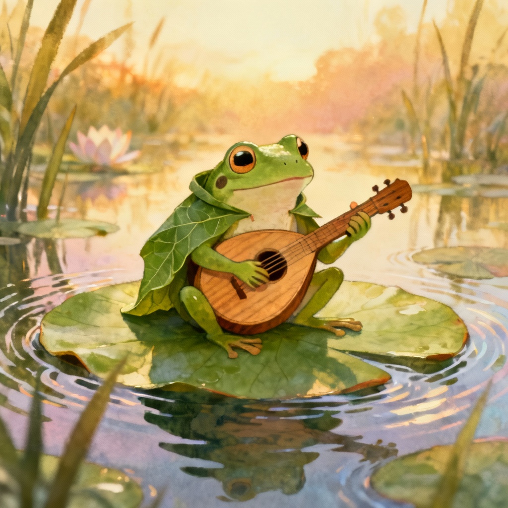 AI frog bard on a lily pad playing a tiny lute at sunset