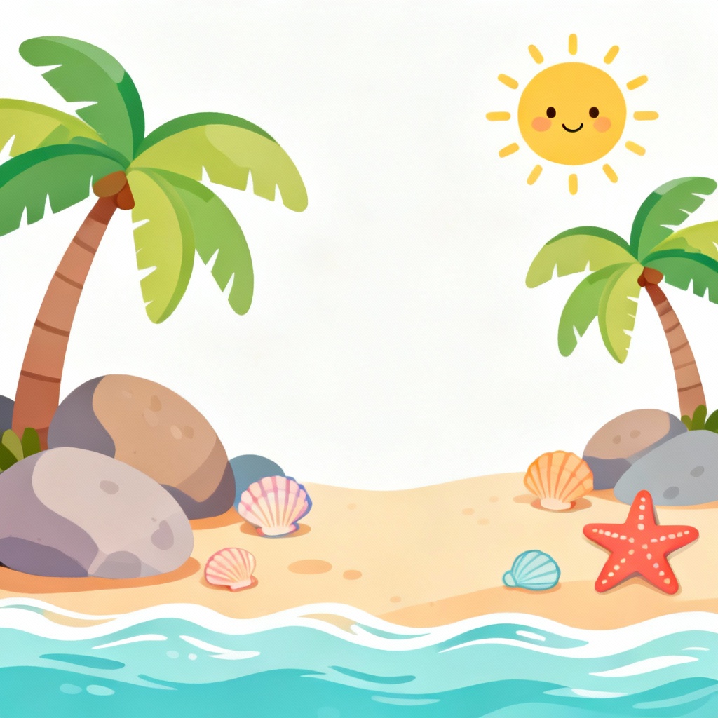 Cartoon beach background with pastel palms and waves
