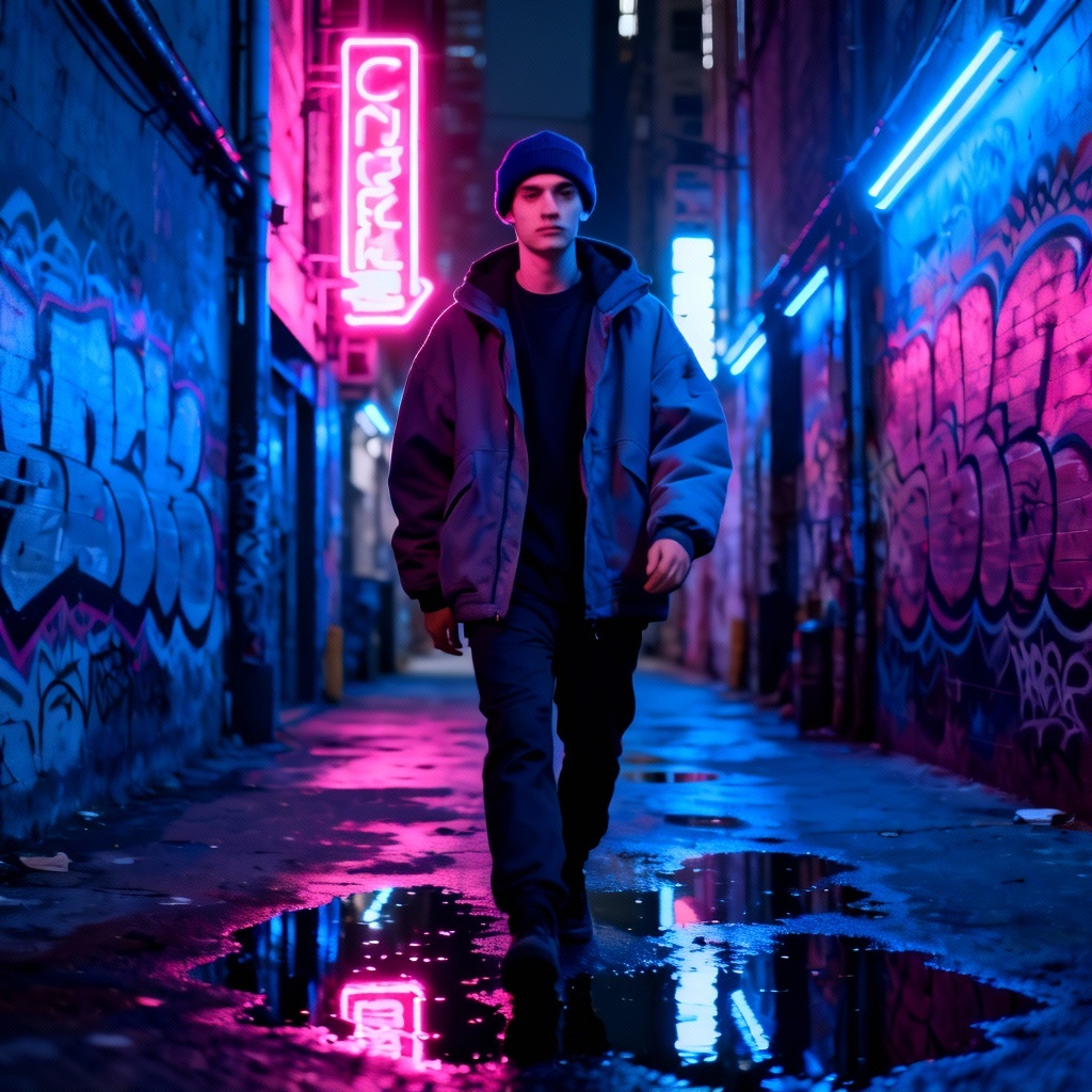 AI streetwear chill guy walking under neon lights at night