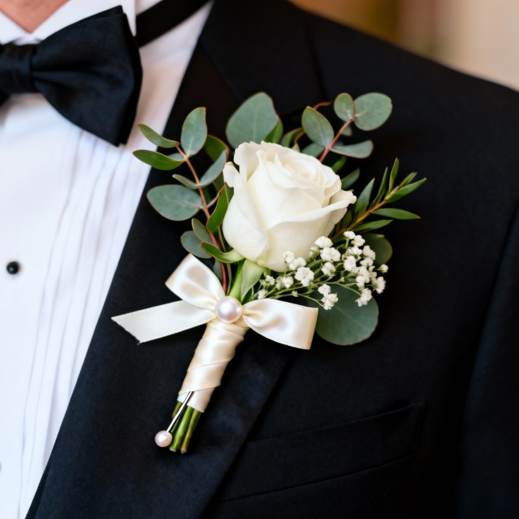 AI white rose groom boutonniere on black tuxedo lapel with eucalyptus