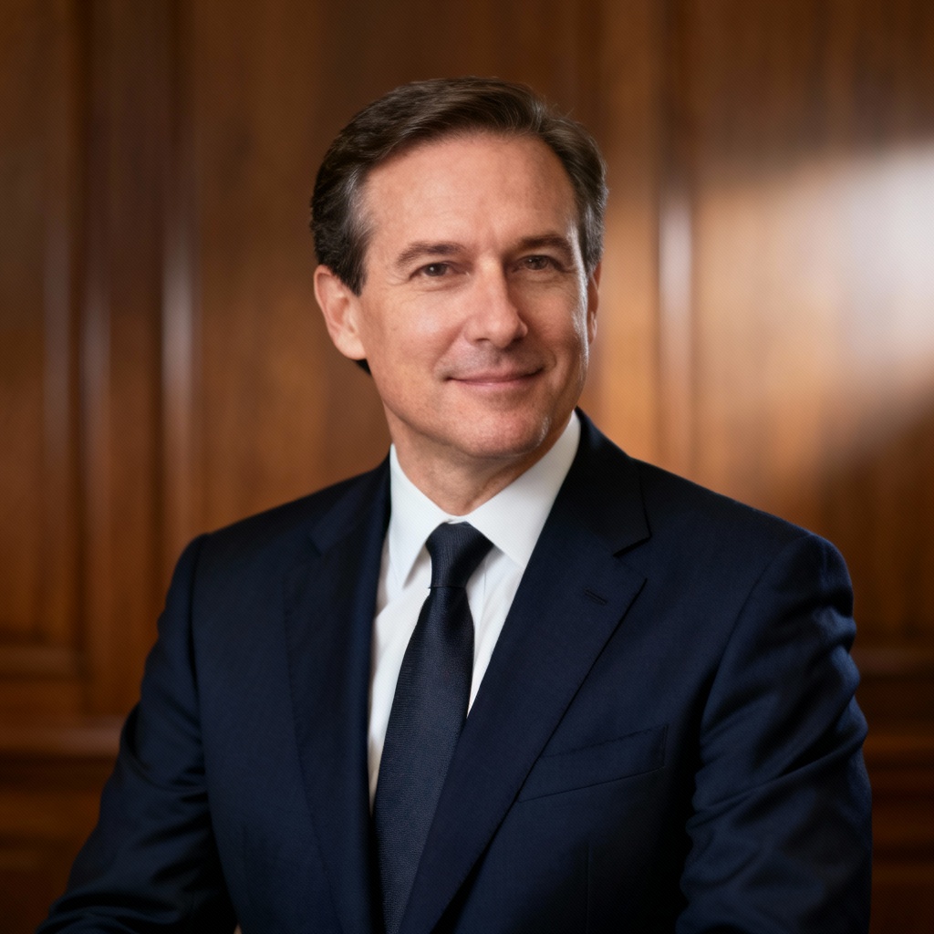 AI law firm partner official portrait with wood panel ambiance