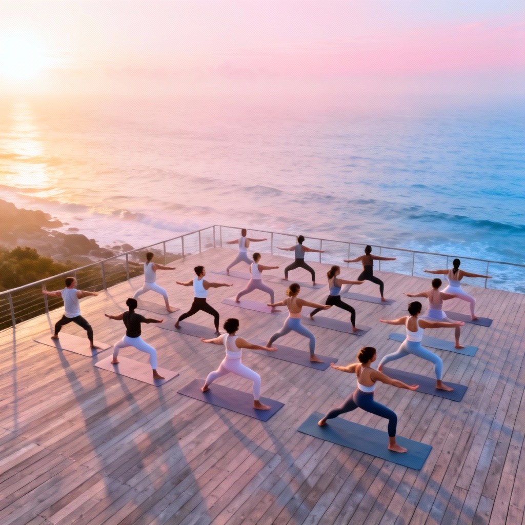 AI yoga class doing vinyasa flow by the ocean at sunrise