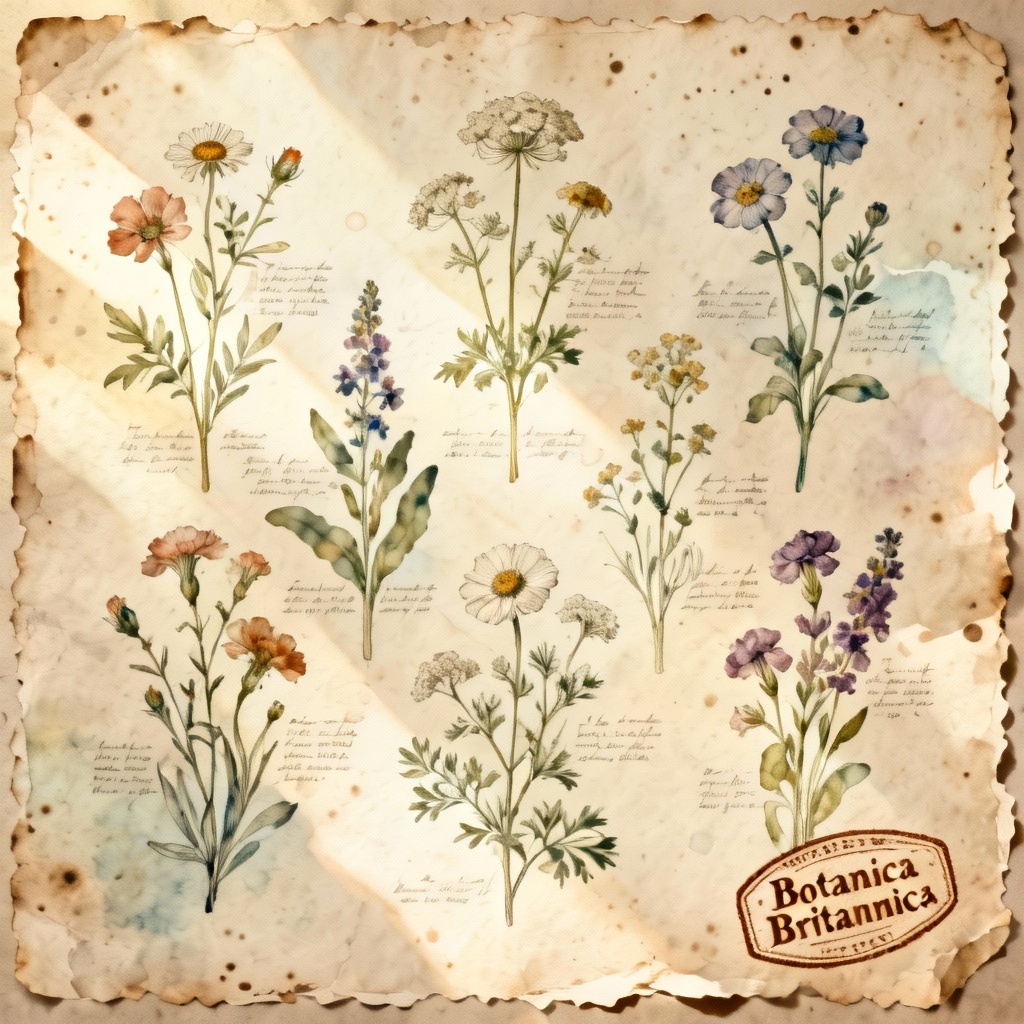 AI aged botanical illustration on parchment with foxing