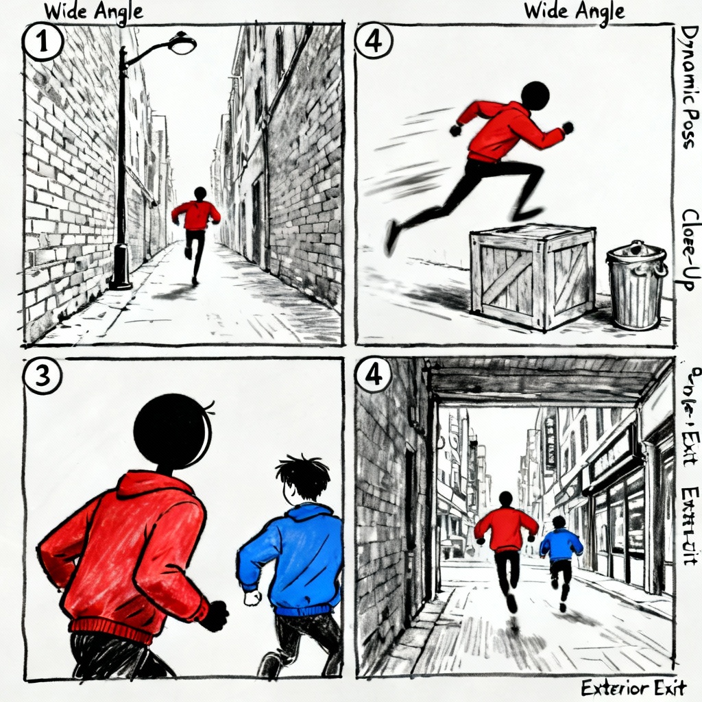 AI storyboard panels chase sequence with stickmen