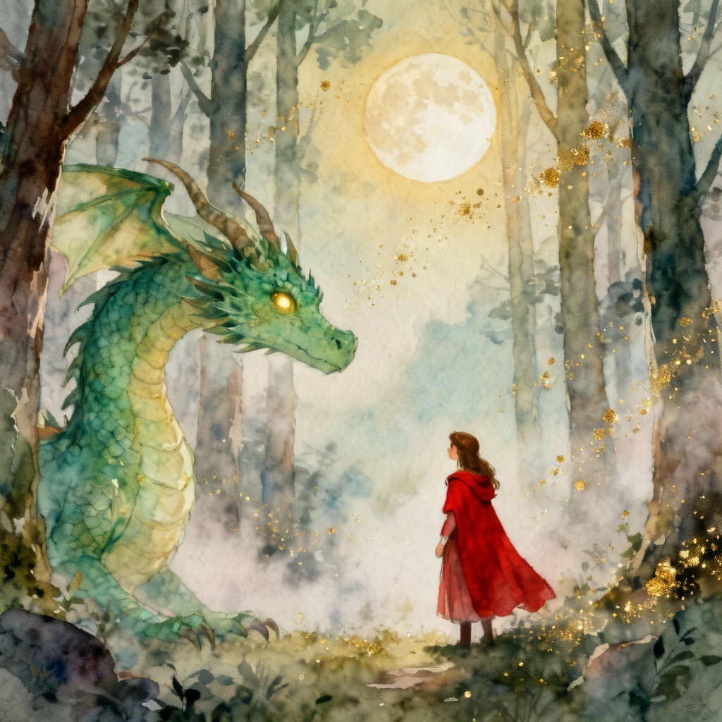 AI fairytale image of princess befriending a dragon in forest