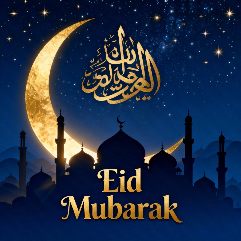 AI Eid poster with gold crescent and night sky