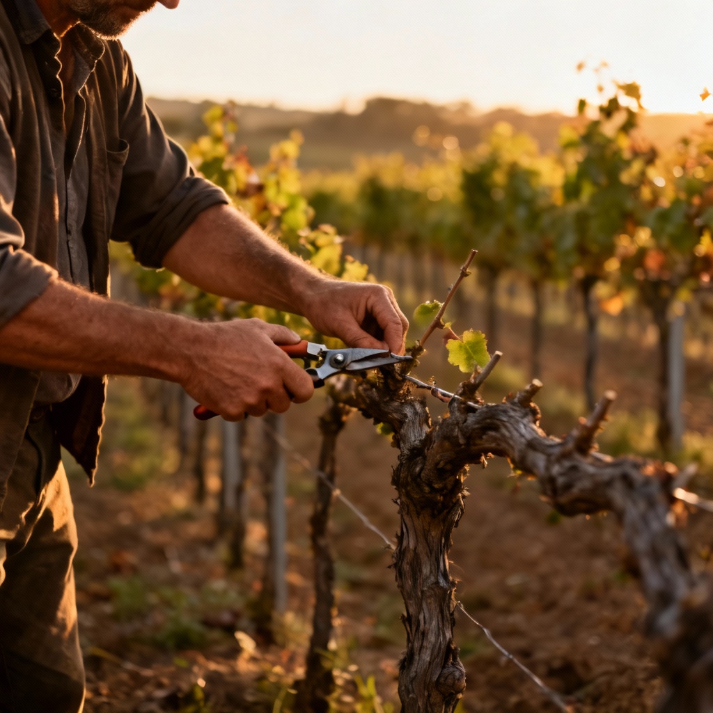 Vineyard vintner pruning grapevines at golden hour