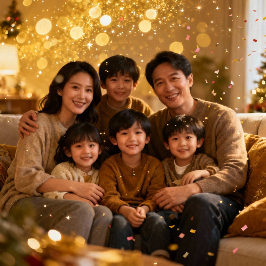 AI family portrait with warm bokeh and gentle sparkles